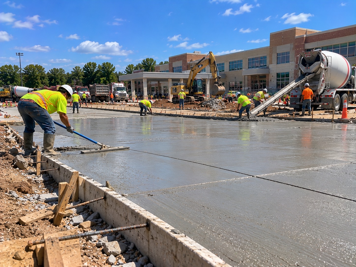 Crew placing a large commercial concrete slab outside an Atlanta building