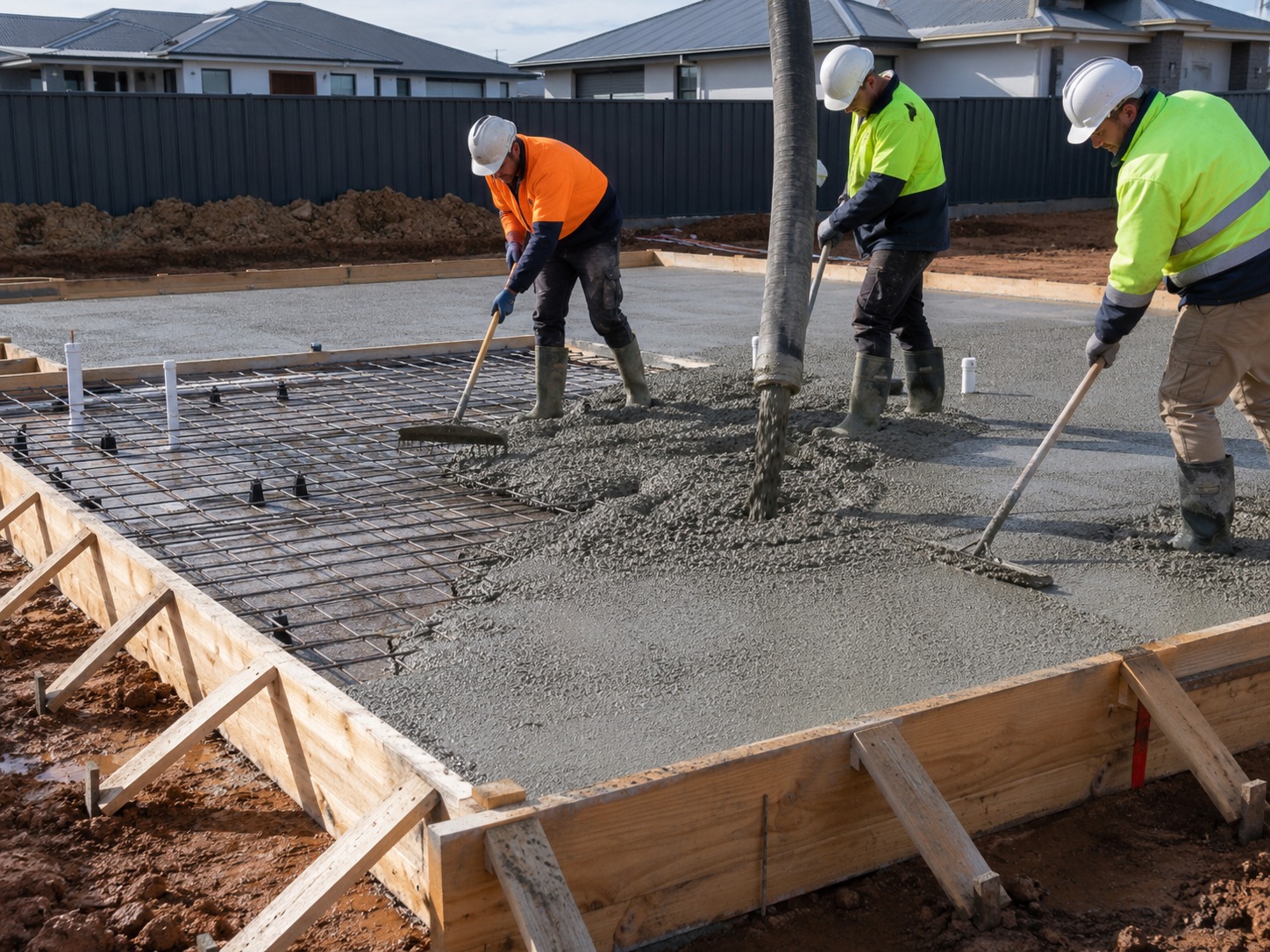 Crew pouring a reinforced concrete foundation slab over rebar and formwork in Atlanta