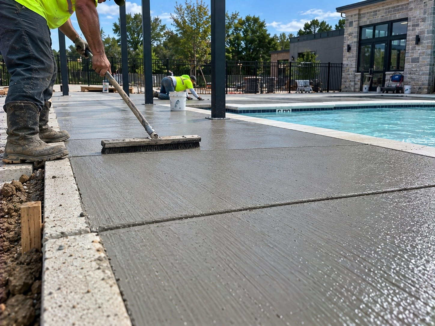 Finished concrete pool deck and amenity area at an Atlanta community